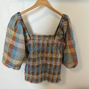 Ganni Plaid Smocked Seersucker Top